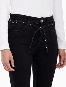 Buy 여성 하이라이즈 바디 부츠핏 앵클 블랙 기모 데님 in color WASHED BLACK LOGO LACE