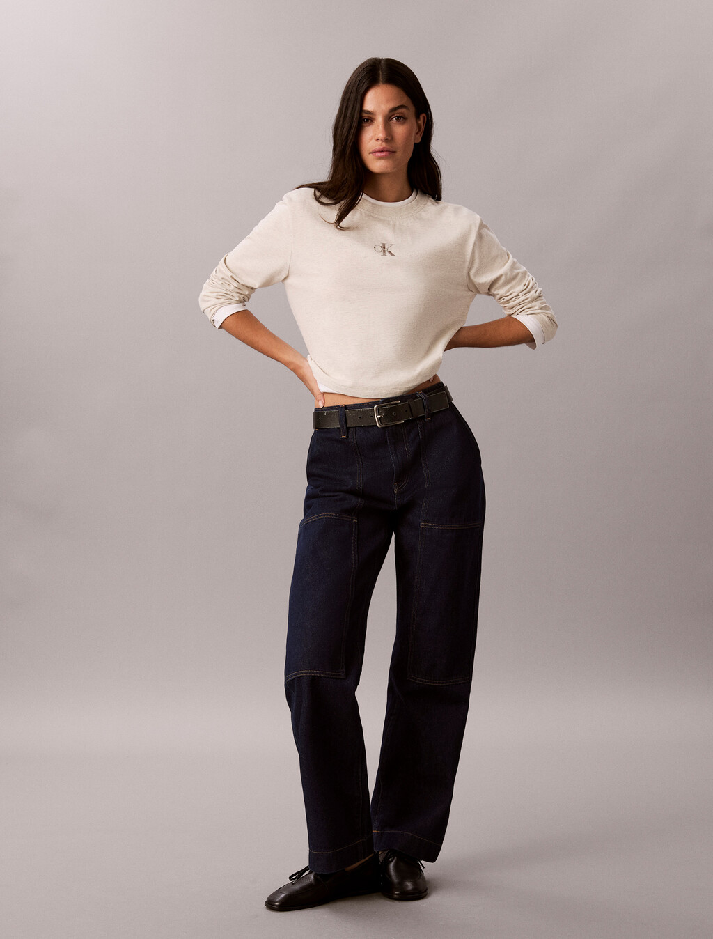 Buy 여성 박시모노로고 헤비 져지 레이어드 티 in color VANILLA HEATHER