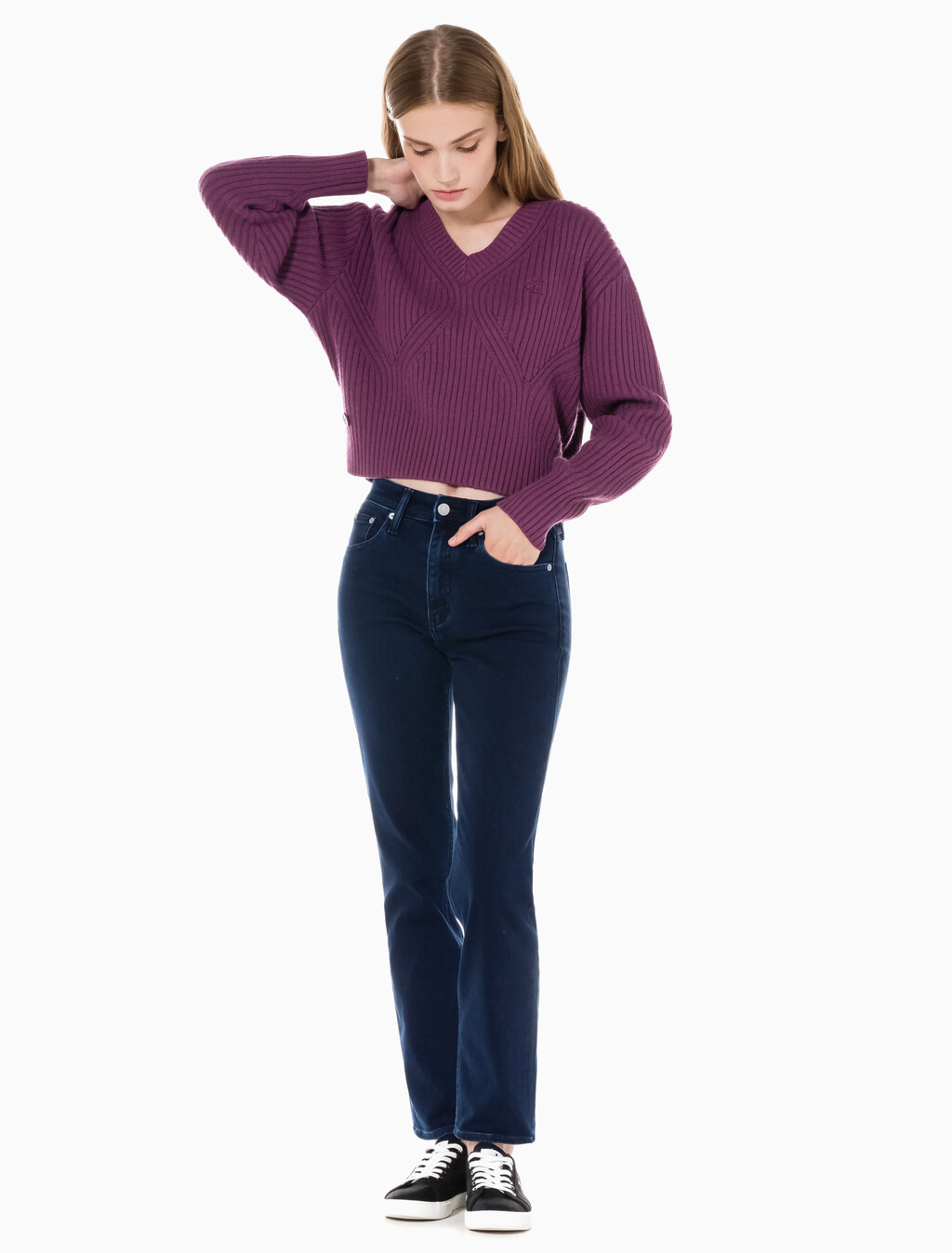 Buy 여성 하이라이즈 슬림 스트레이트핏 기모 블루블랙 데님 in color BLUE BLACK HANGER LOOP