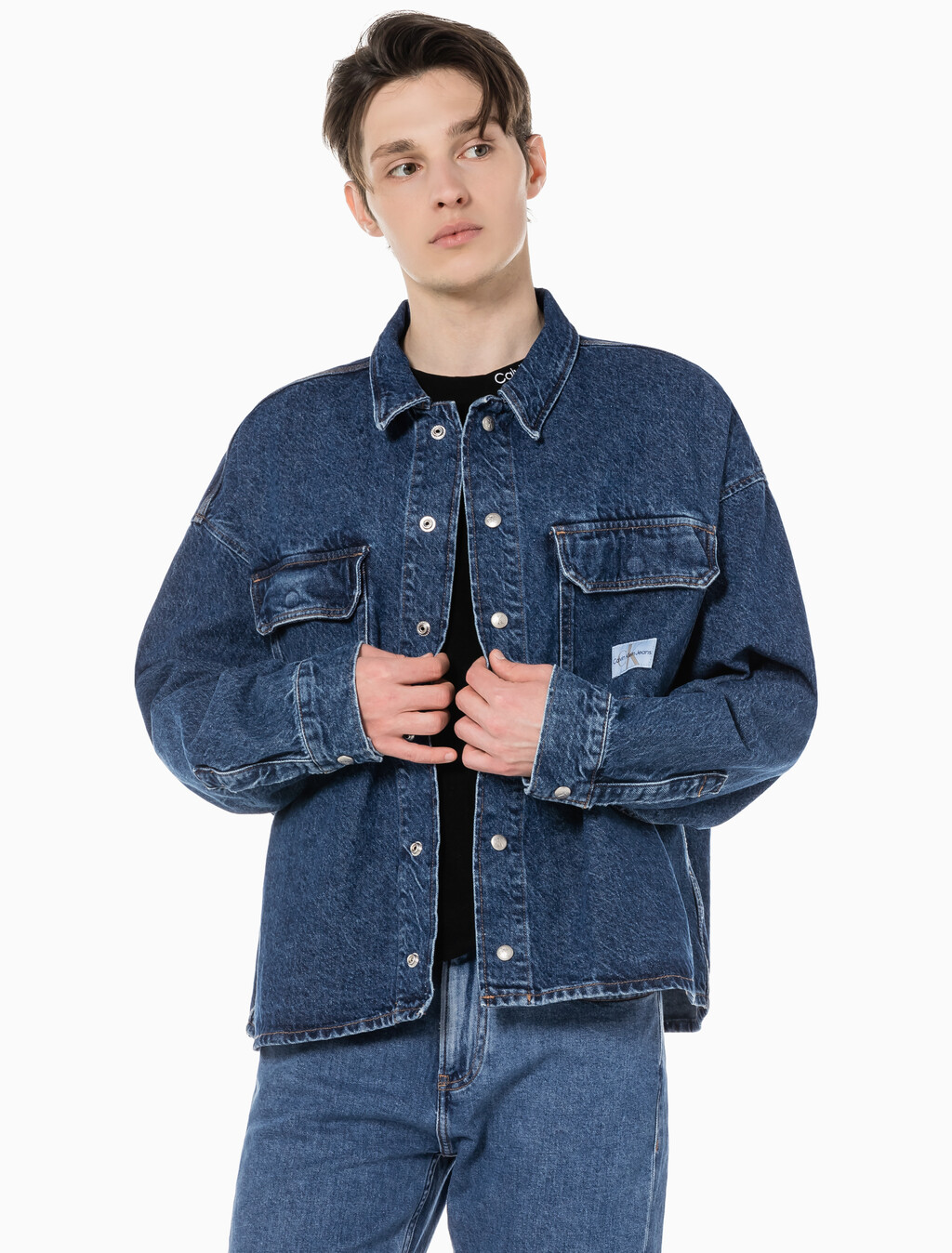 Buy 남성 루즈핏 박시 유틸리티 데님 셔츠 in color BLUE BLACK HANGER LOOP