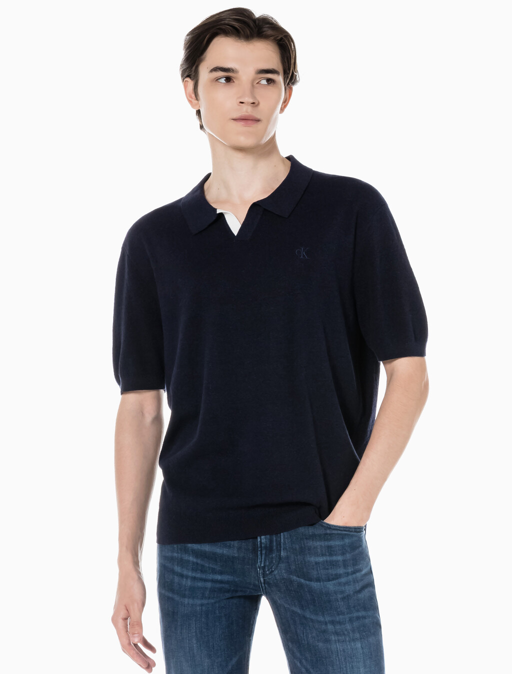 Buy 남성 엠브로이더리 로고 폴로 반팔 스웨터 in color NIGHT SKY