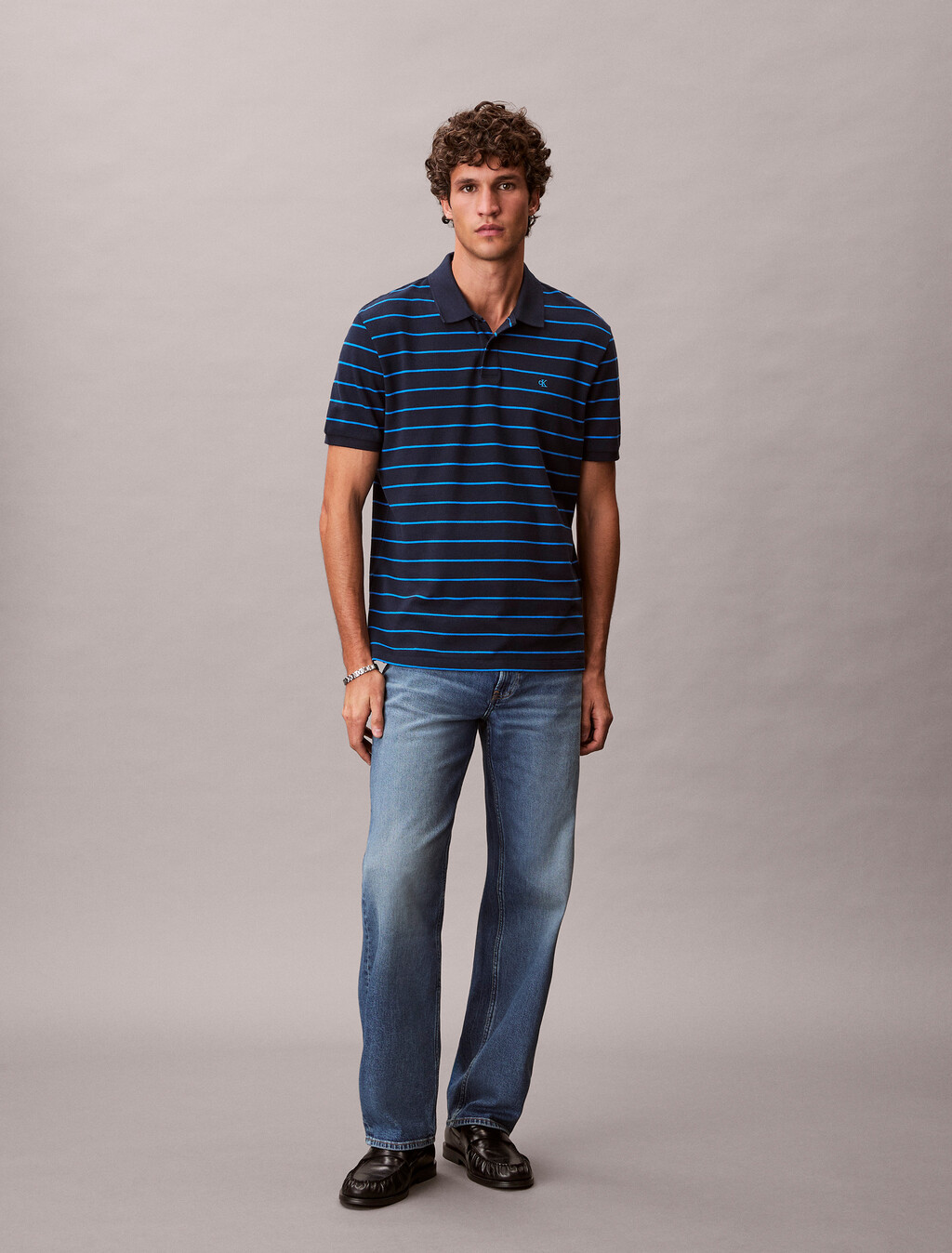 Buy 스트라이프 피크 모노그램 폴로 티 in color DARK SAPPHIRE