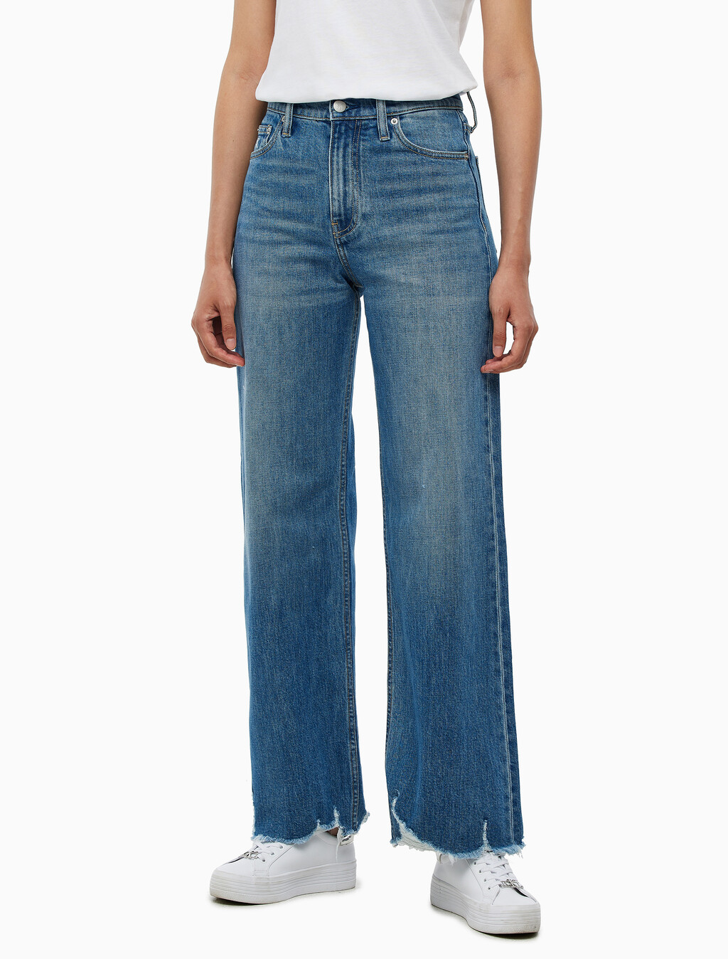 Buy 여성 하이라이즈 와이드핏 미드블루 데님 in color MID BLUE BACK EMBRO