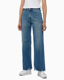 Buy 여성 하이라이즈 와이드핏 미드블루 데님 in color MID BLUE BACK EMBRO