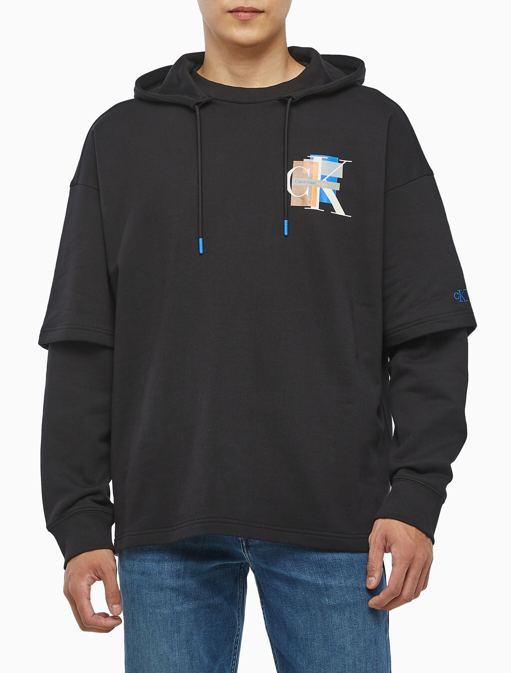 Buy 남성 롱슬리브 패션 레이어드 후디 in color CK BLACK