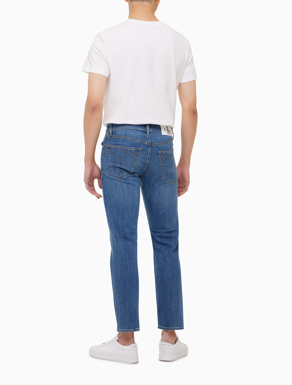 Buy 남성 슬림 스트레이트핏 미드블루 크롭 데님 in color MID BLUE BACK EMBRO