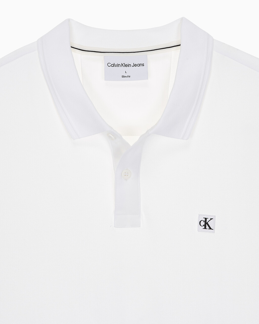 Buy 남성 슬림핏 CK 뱃지 로고 반팔 폴로 티셔츠 in color BRIGHT WHITE