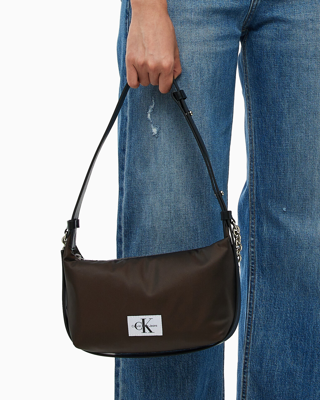 Buy 여성 CKJ 나일론 체인 미니멀 숄더백 in color DARK CHESTNUT IRIDESCENT