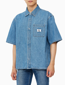 Buy 남성 캠프 반팔 데님 셔츠 in color MID BLUE BACK EMBRO