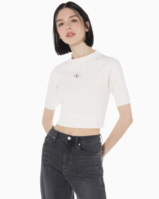 Buy 여성 모노그램 로고 뱃지 립 슬림핏 반팔 티셔츠 in color WHITE