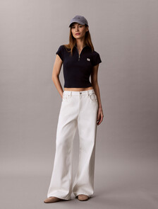 Buy 여성 우븐라벨 베이비립 집 목크넥 티 in color DARK SAPPHIRE