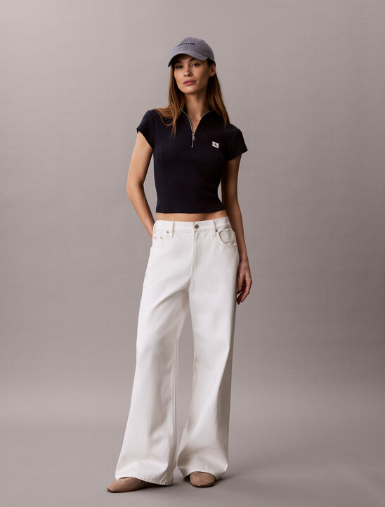 여성 우븐라벨 베이비립 집 목크넥 티