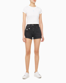 Buy 여성 하이라이즈 블랙 데님 쇼츠 in color WASHED BLACK LOGO LACE