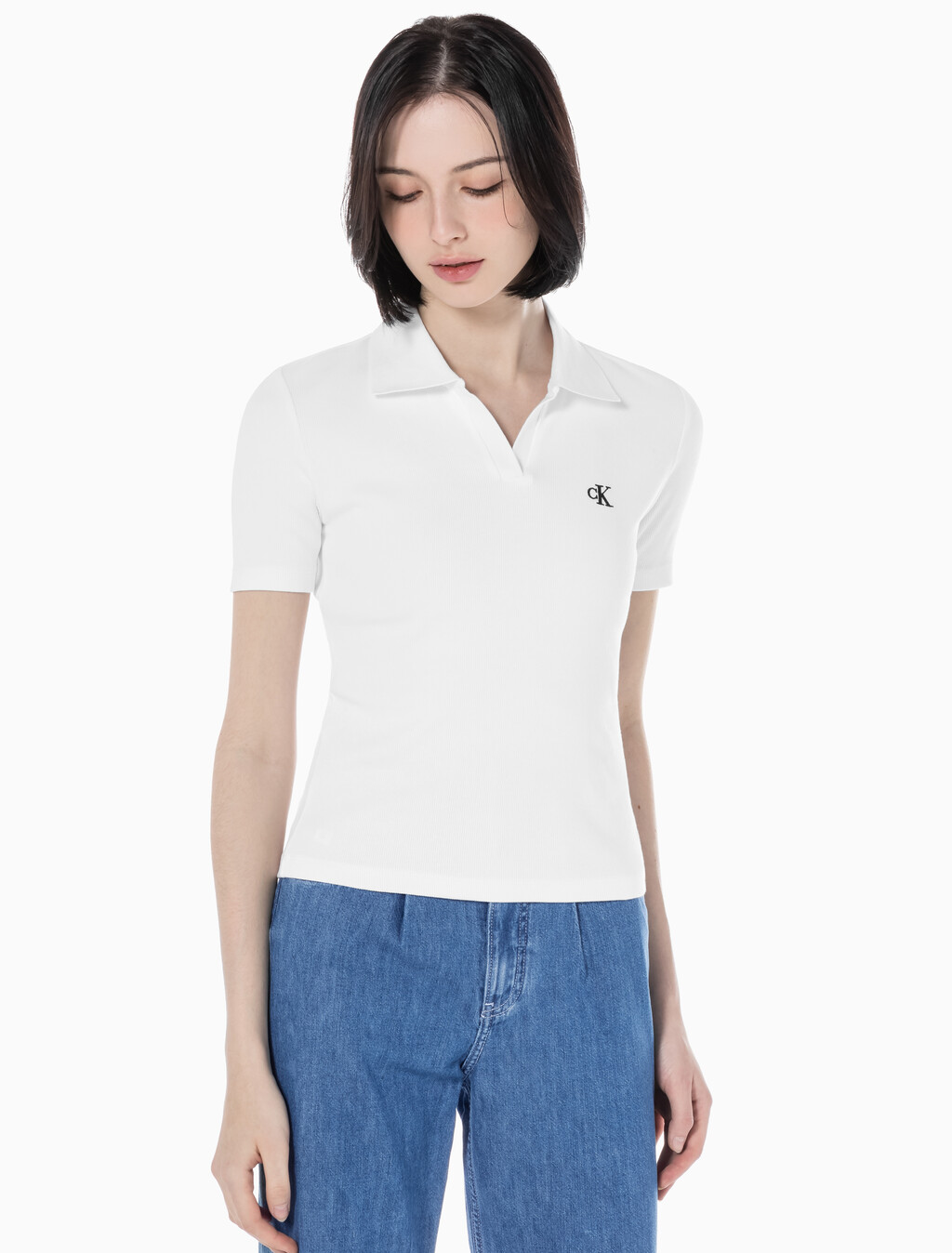 Buy 여성 슬림핏 립 브이넥 폴로 티셔츠 in color BRIGHT WHITE