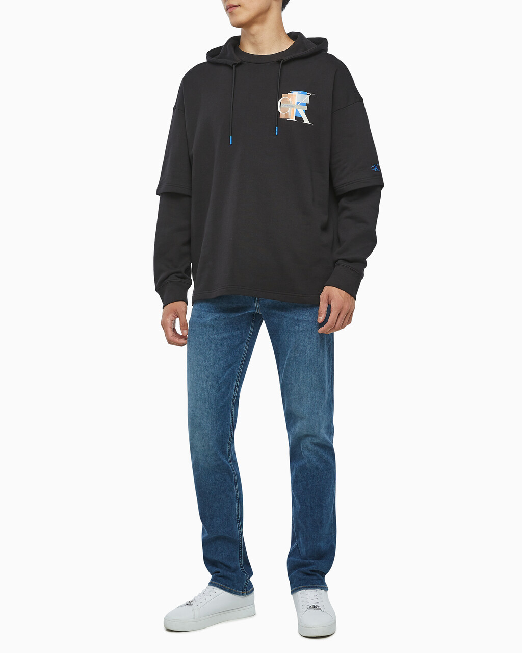 Buy 남성 롱슬리브 패션 레이어드 후디 in color CK BLACK
