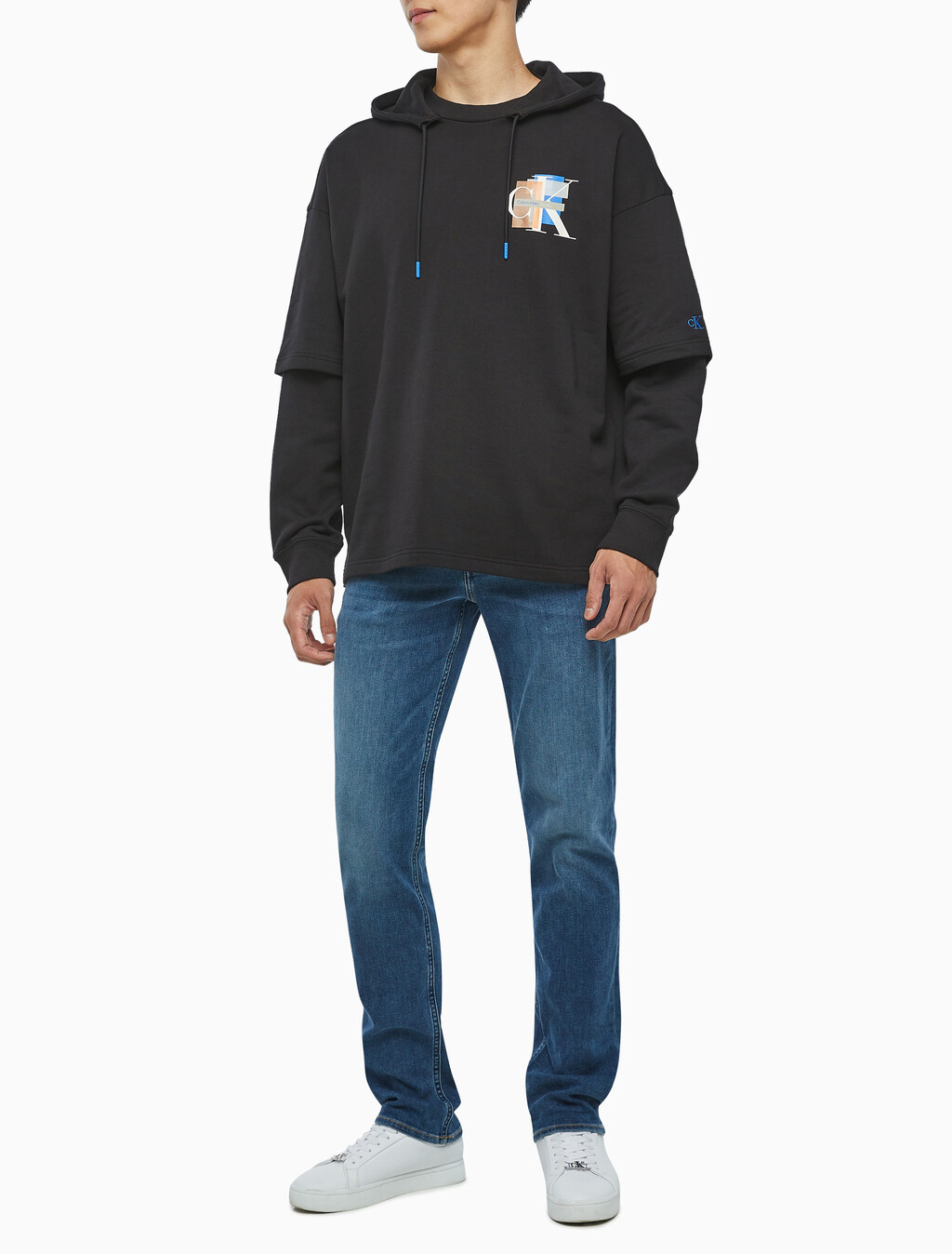 Buy 남성 롱슬리브 패션 레이어드 후디 in color CK BLACK