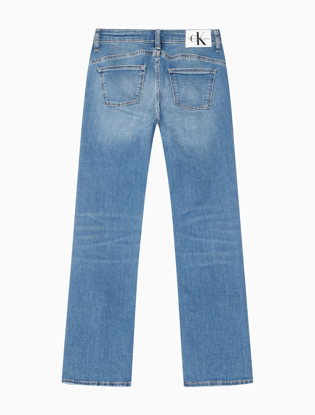 Buy 여성 하이라이즈 바디슬림 부츠핏 앵클 미드블루  데님 in color MID BLUE BACK EMBRO
