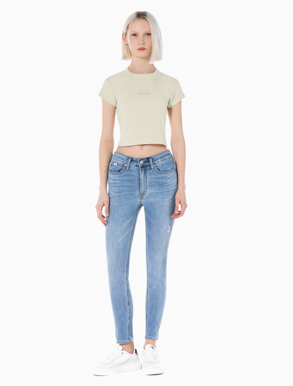 Buy 여성 하이라이즈 스키니핏 앵클 미드블루 에코 쿨 데님 in color MID BLUE BACK EMBRO