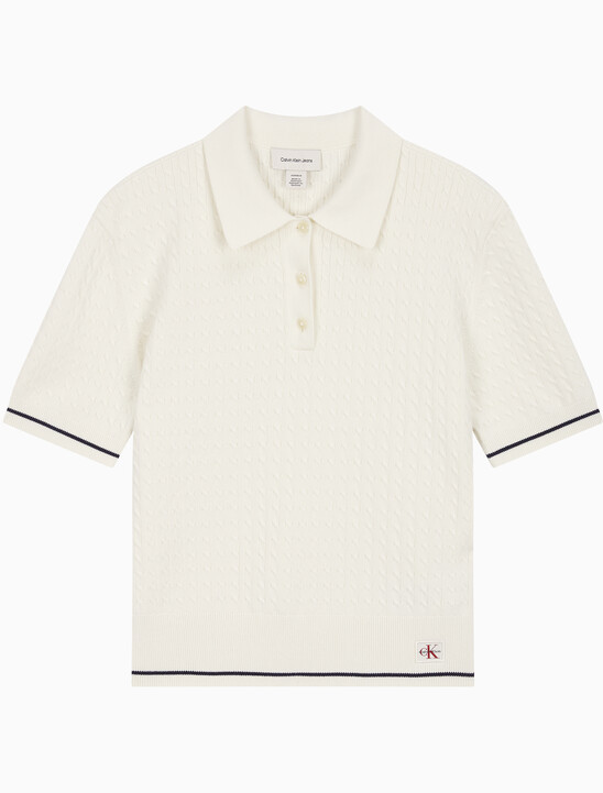 여성 우븐라벨 크롭드 케이블 스웨터