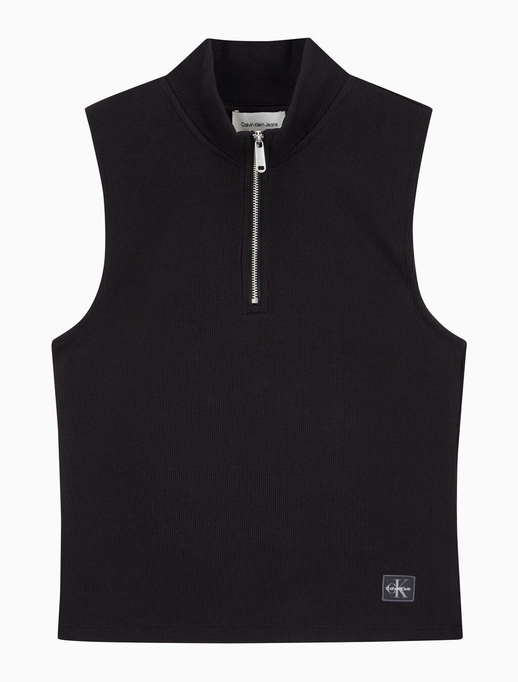 Buy 여성 우븐라벨 슬리브리스 하프 집업 탑 in color BLACK