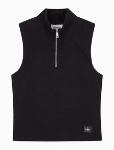 Buy 여성 우븐라벨 슬리브리스 하프 집업 탑 in color BLACK