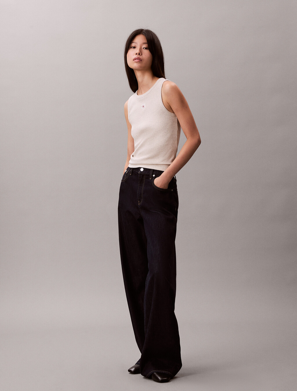 Buy 여성 우븐라벨 베이비립 탱크 in color VANILLA HEATHER