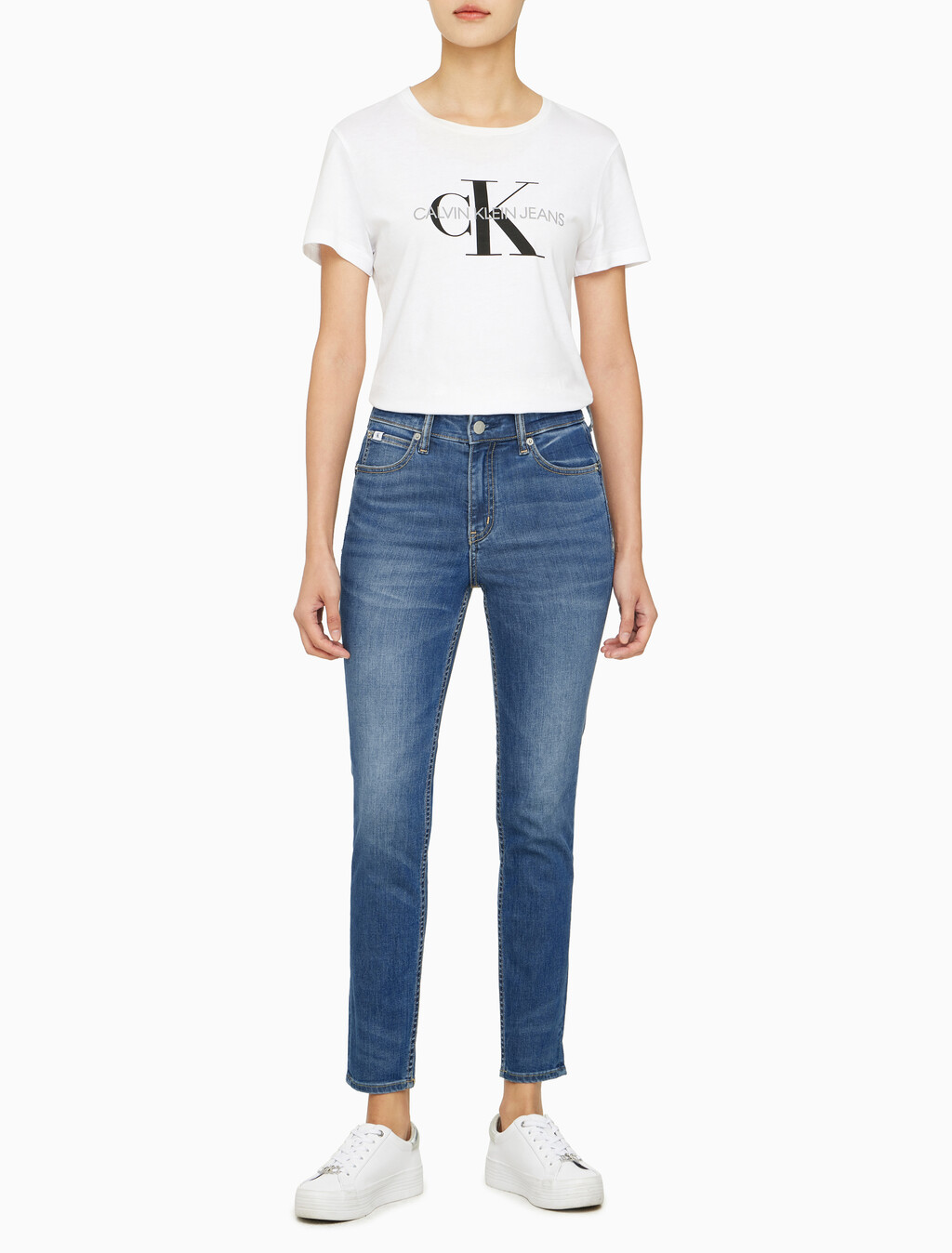 Buy 여성 하이라이즈 스키니핏 앵클 다크블루 37.5 기능성 데님 in color MID BLUE BACK EMBRO