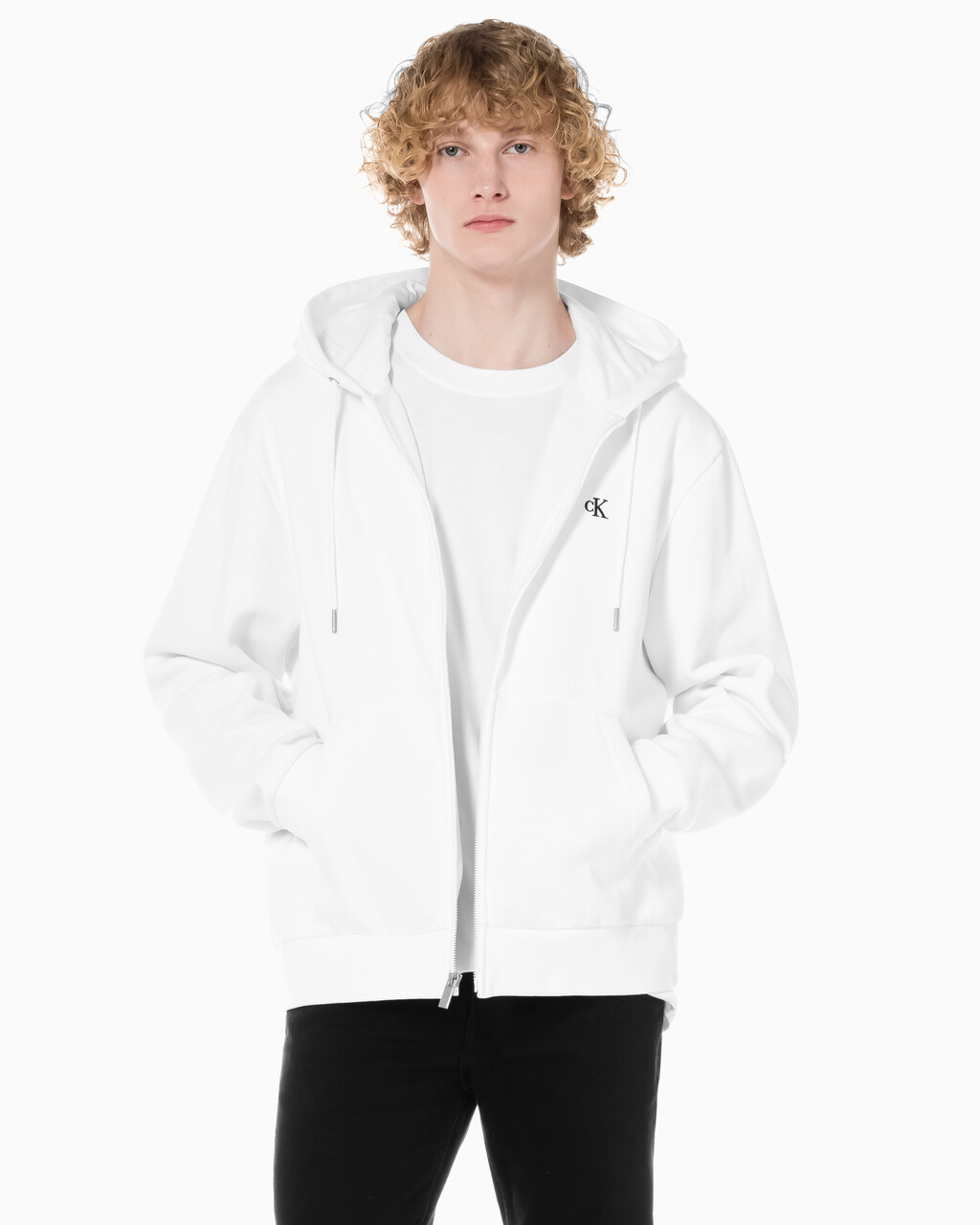 Buy 남성 아카이브 로고 플리스 집업 후디 in color BRILLIANT WHITE