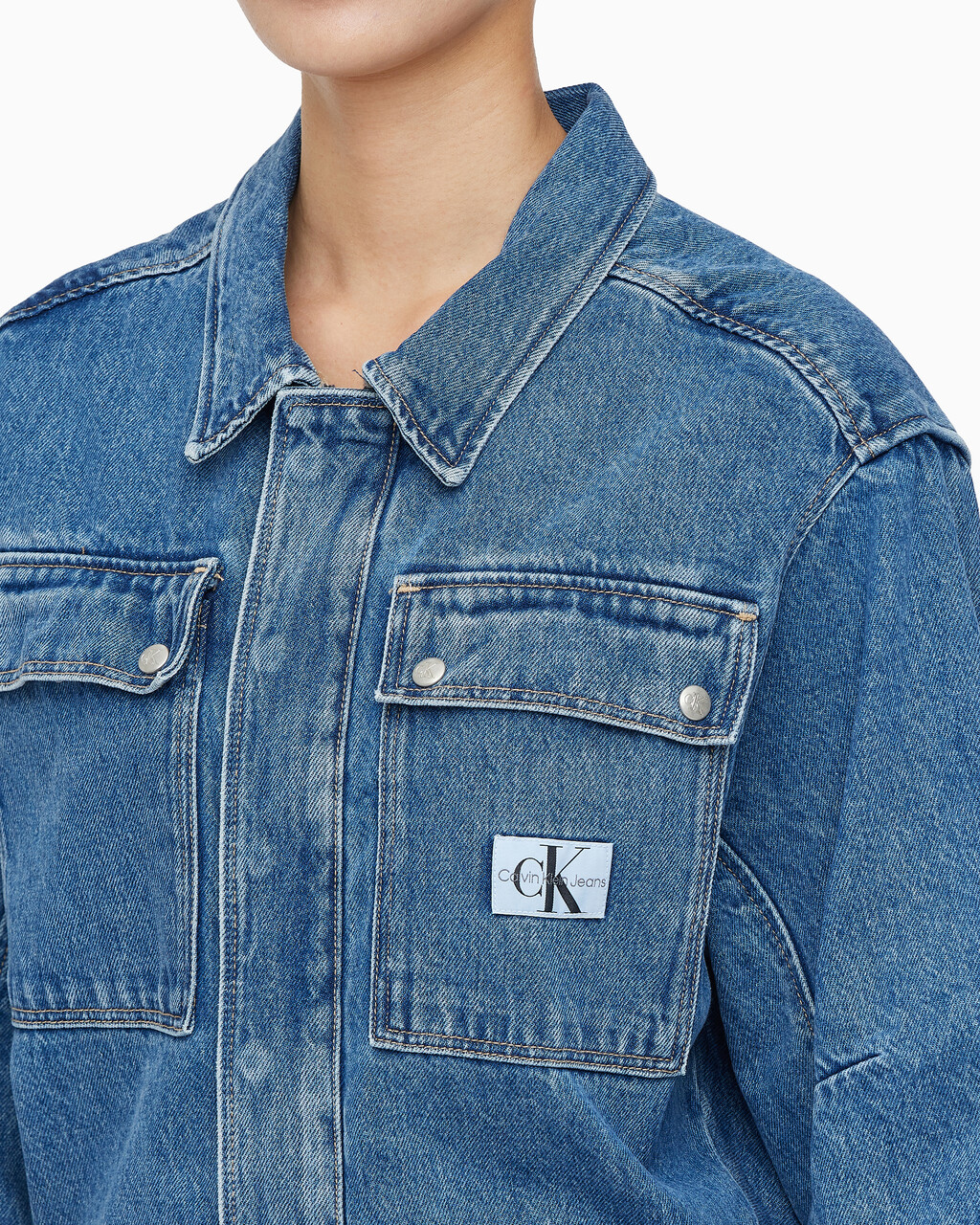 Buy 여성 볼륨 슬리브 데님 드레스 in color MID BLUE BACK EMBRO