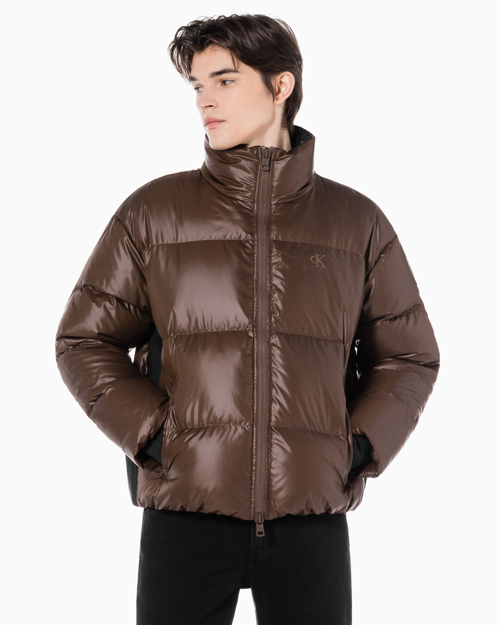 Buy 남녀공용 글로시 숏 푸퍼 in color DARK BROWN
