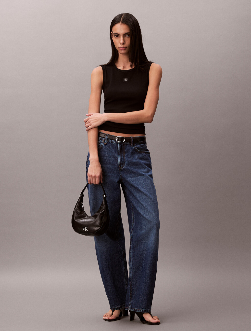 Buy 여성 우븐라벨 베이비립 컷아웃 탱크 in color BLACK