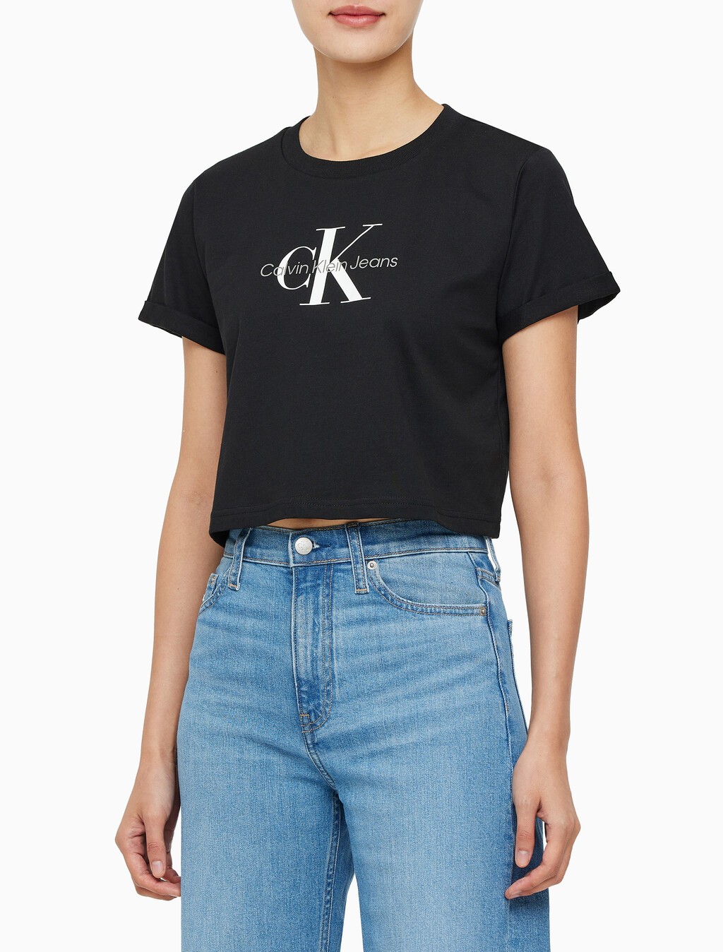 Buy 여성 모노그램 릴렉스핏 크롭 반팔 티셔츠 in color CK BLACK