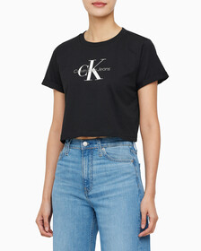 Buy 여성 모노그램 릴렉스핏 크롭 반팔 티셔츠 in color CK BLACK