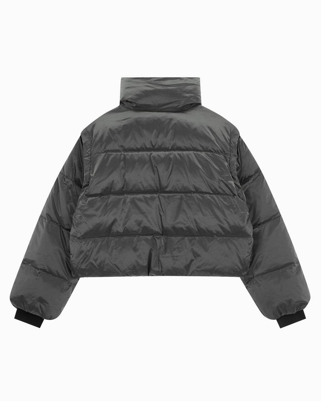 Buy 여성 투톤 글로시 디터쳐블 크롭 다운 in color GREY