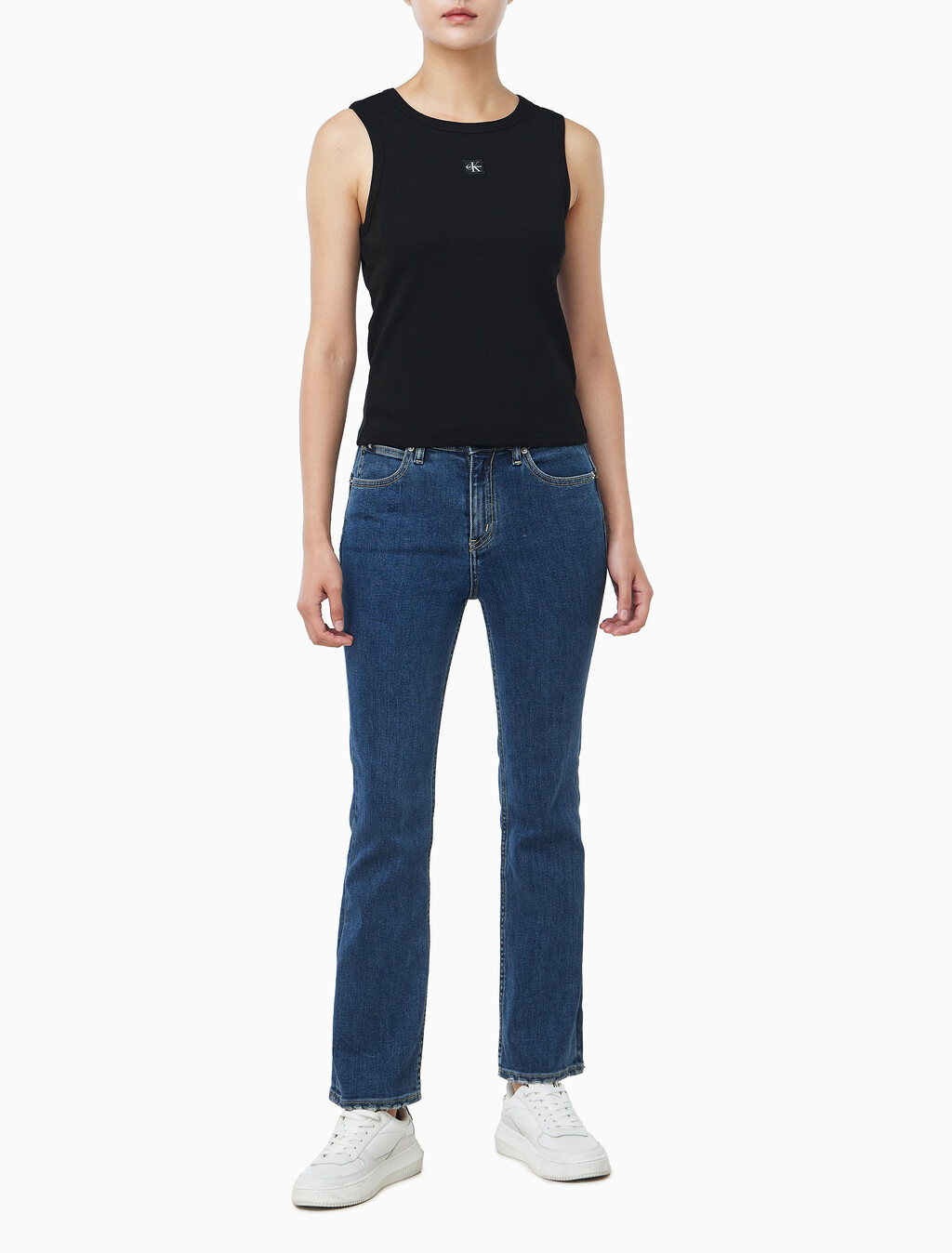 Buy 여성 우븐라벨 코튼 립 탱크 탑 in color BLACK