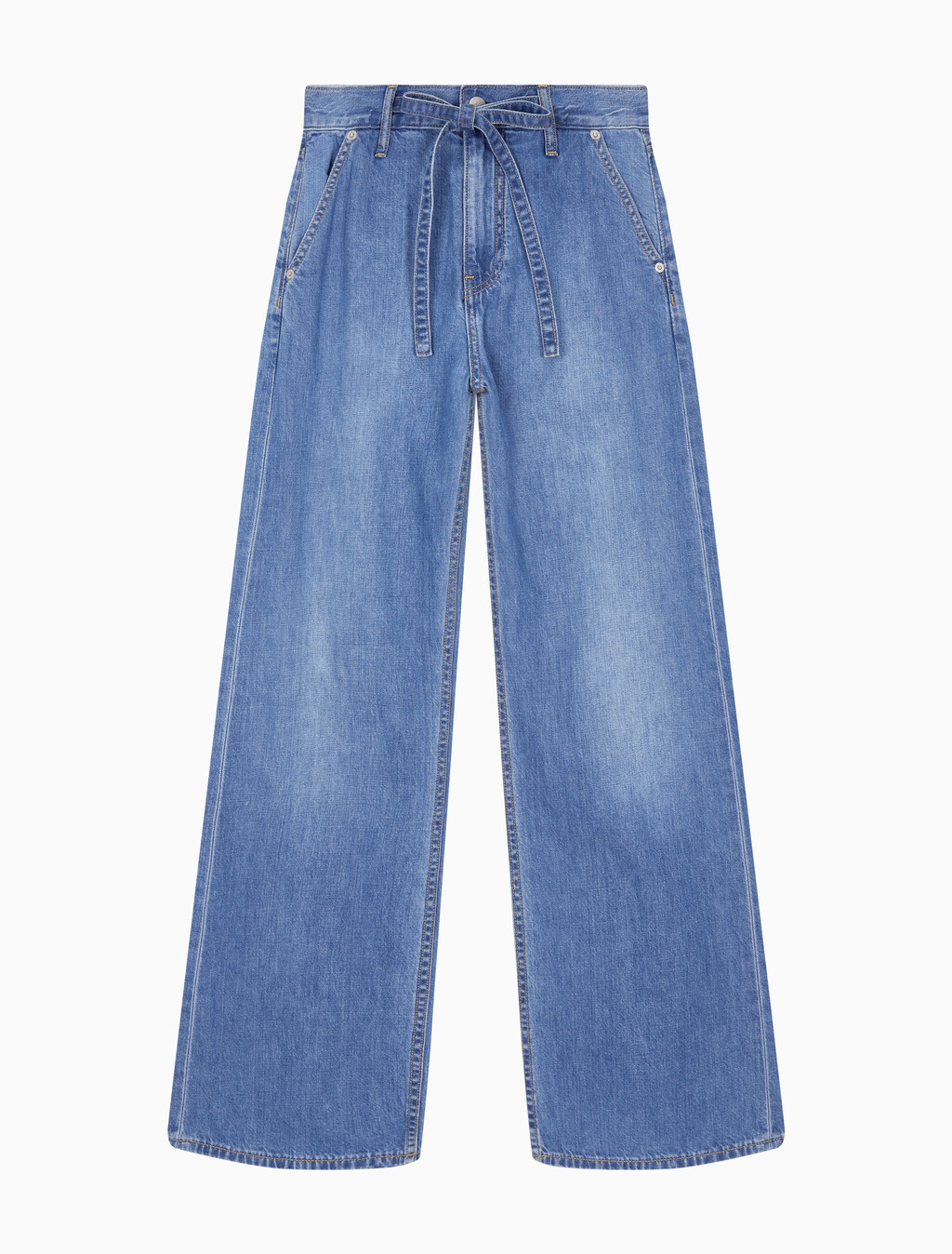 Buy 여성 하이라이즈 와이드핏 미드블루 텐셀 데님 in color MID BLUE BACK EMBRO