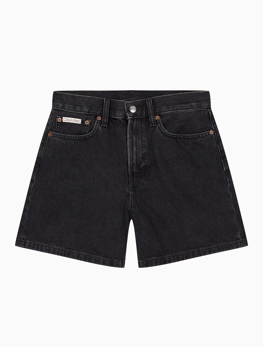 Buy 여성 하이라이즈 A라인 블랙 데님 쇼츠 in color CK ESSENTIAL BLACK