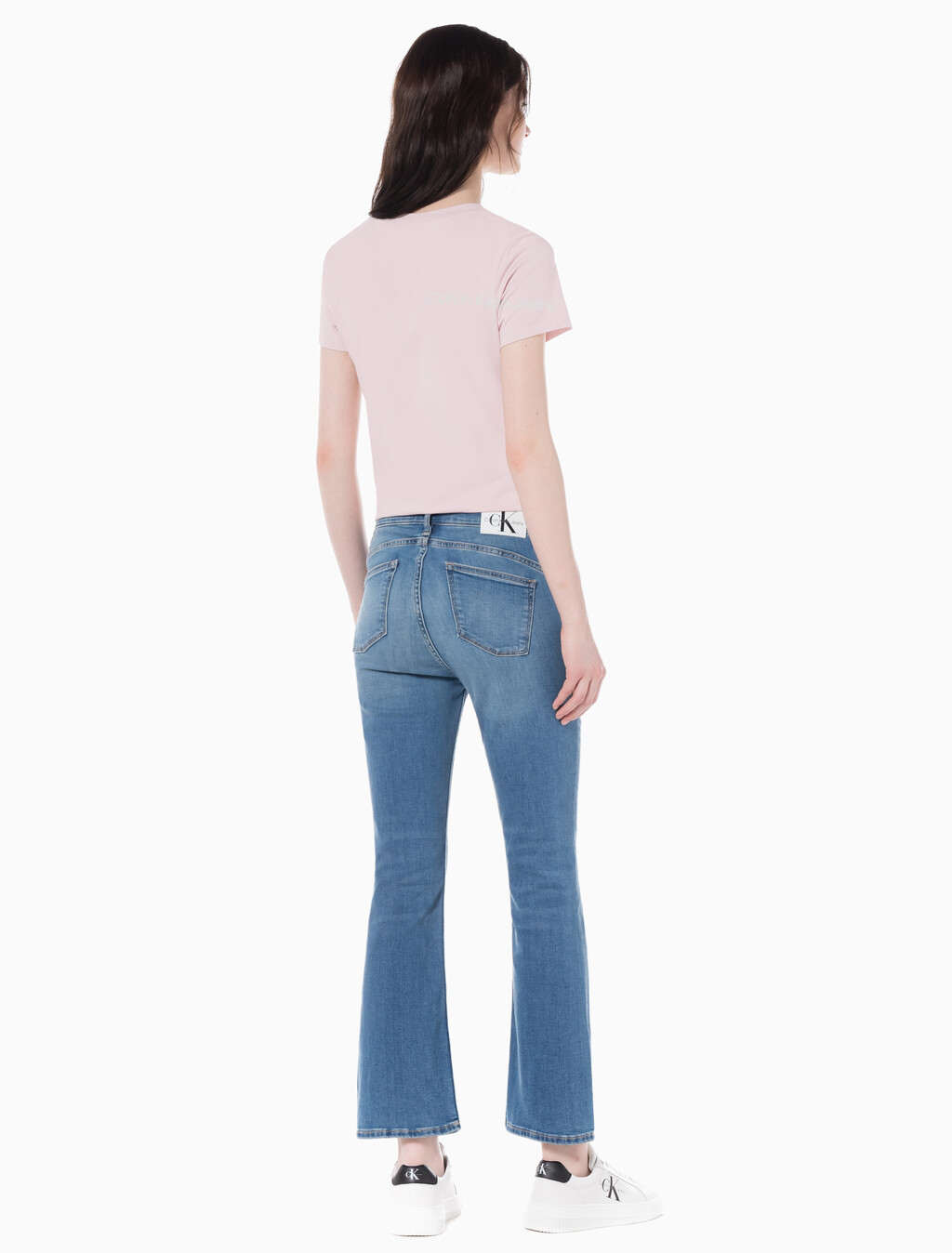 Buy 여성 하이라이즈 바디슬림 부츠핏 앵클 미드블루  데님 in color MID BLUE BACK EMBRO