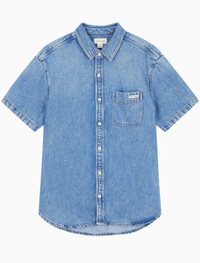 Buy 남성 블루 텐셀 반팔 데님 셔츠 in color BLUE RETROGRADE