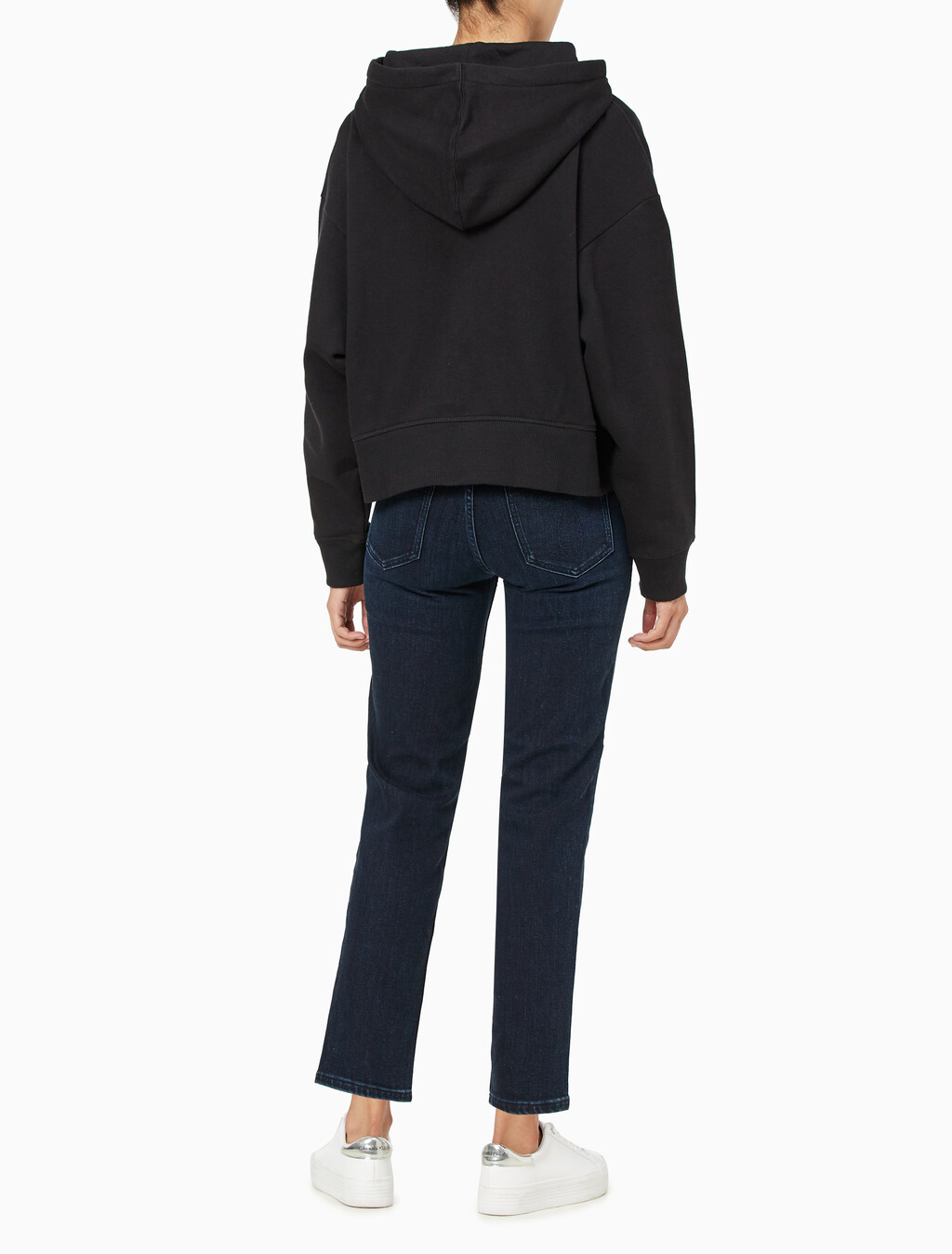 Buy 여성 아카이브 릴렉스핏 CK 스몰 로고 크롭 기모 후드 집업 in color BLACK BEAUTY