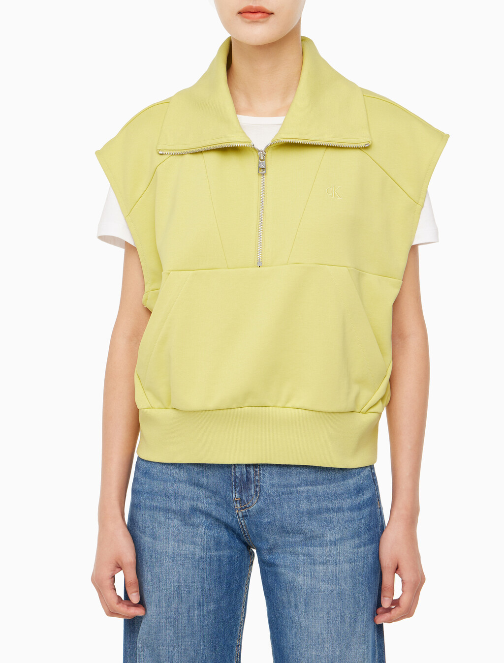 Buy 여성 드롭숄더 하프집업 슬리브리스 니트탑 in color YELLOW SAND