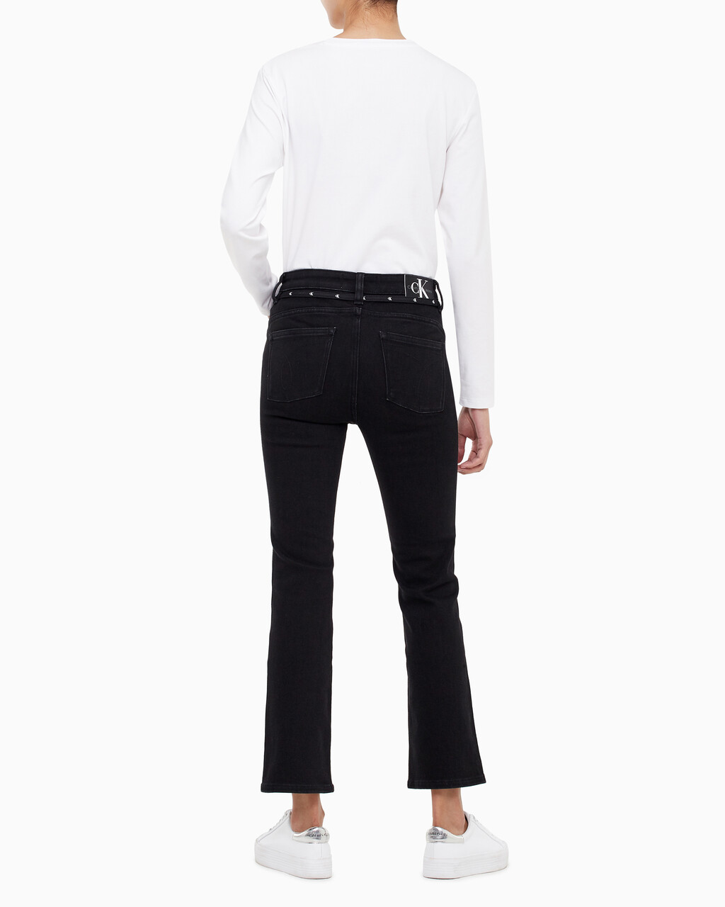 Buy 여성 하이라이즈 바디 부츠핏 앵클 블랙 기모 데님 in color WASHED BLACK LOGO LACE