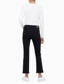 Buy 여성 하이라이즈 바디 부츠핏 앵클 블랙 기모 데님 in color WASHED BLACK LOGO LACE