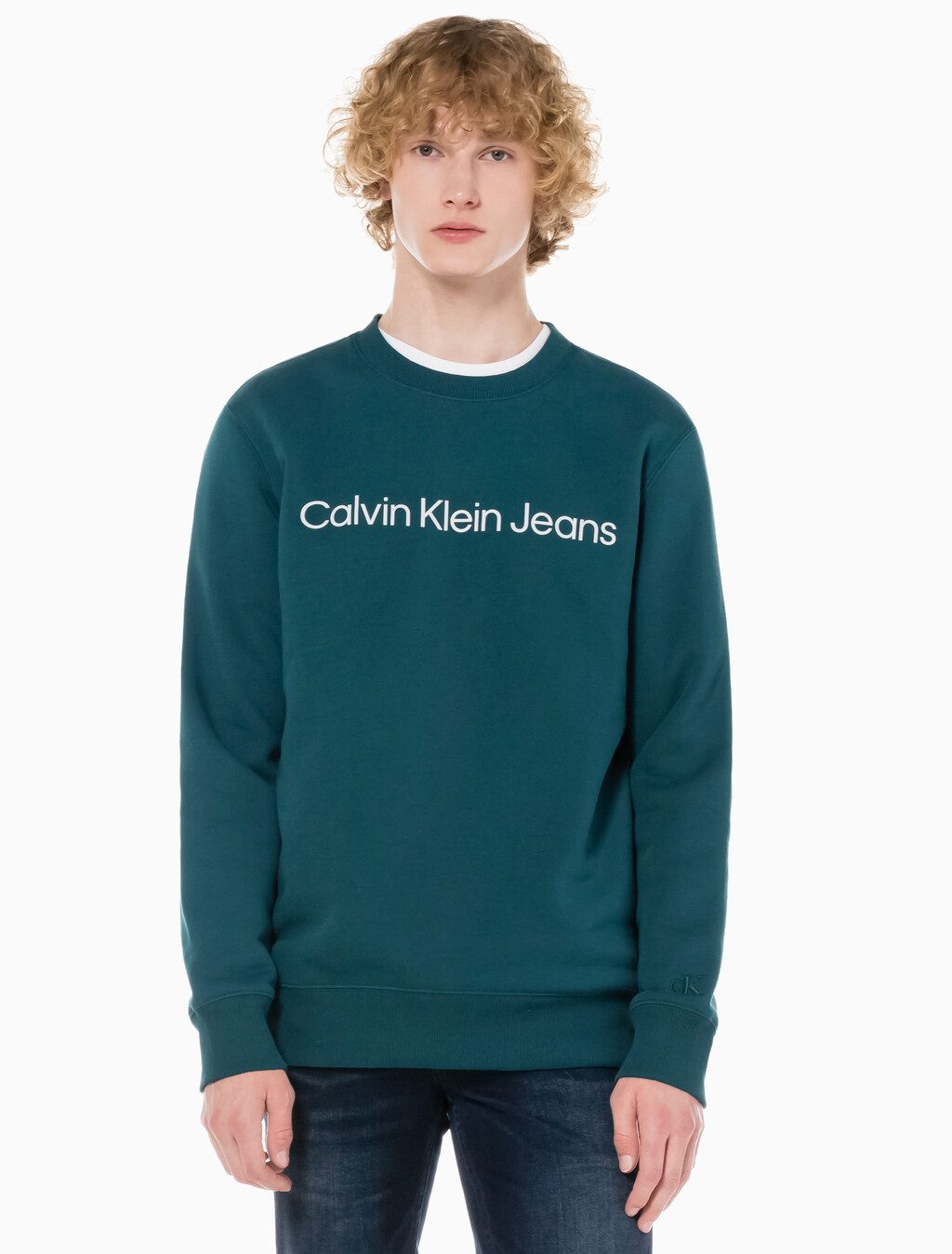 Buy 남성 레귤러핏 인스티튜셔널 로고 기모 스웨트셔츠 in color ATLANTIC DEEP