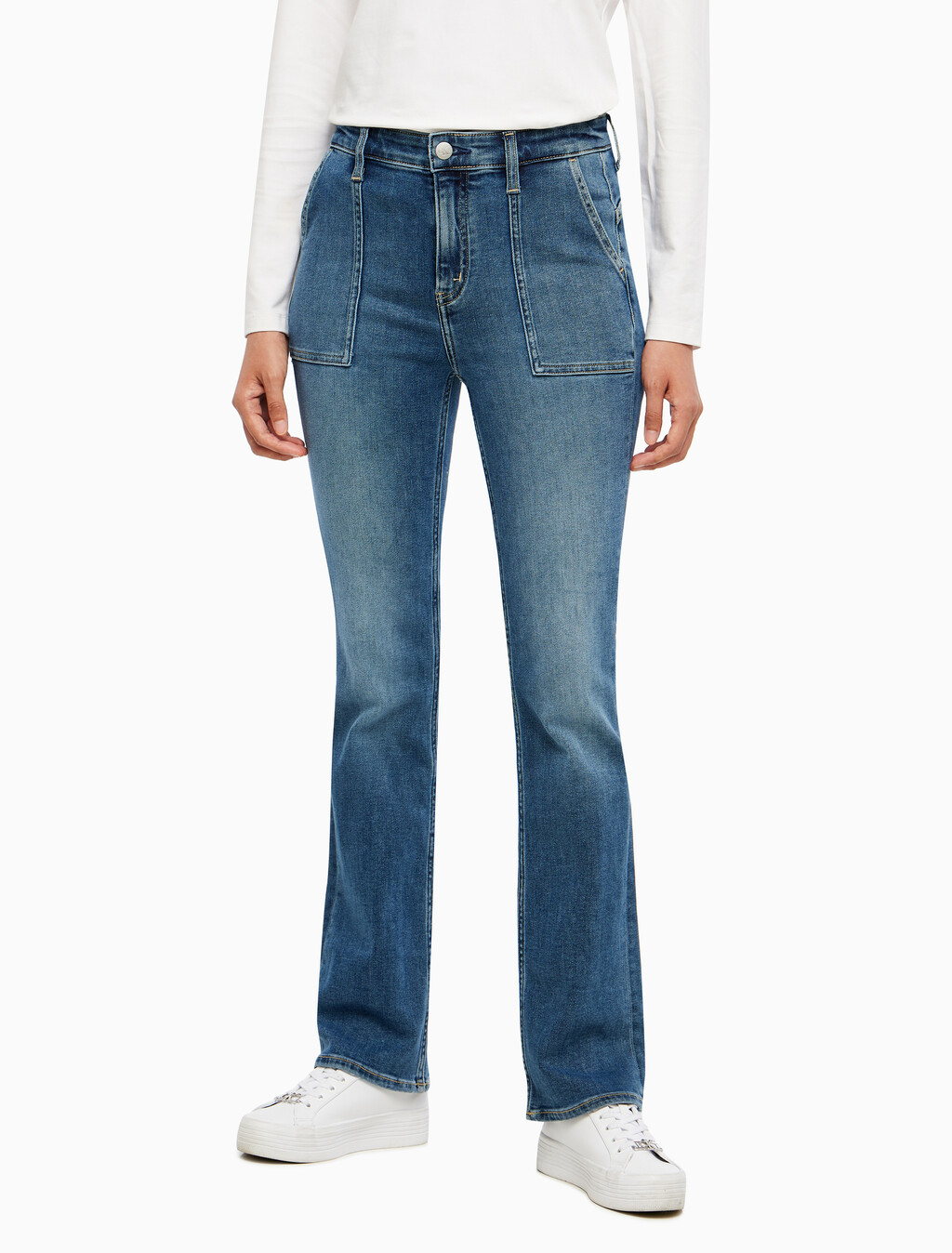 Buy 여성 하이라이즈 슬림 부츠핏 앵클 미드블루 이탈리안 데님 in color MID BLUE BACK EMBRO