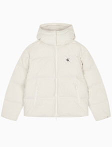 Buy 여성 글로시 립스탑 미드 랭스 후드 다운 in color Ivory