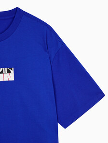 Buy 남성 릴렉스 핏 블락 그래픽 자수 반팔 티셔츠 in color blue