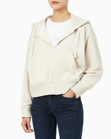Buy 여성 릴렉스핏 CK 스몰 로고 크롭 기모 후드 집업 in color VANILLA HEATHER