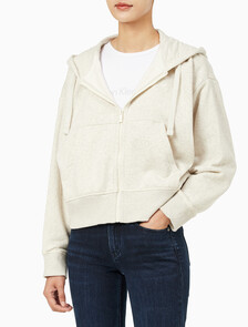 Buy 여성 아카이브 릴렉스핏 CK 스몰 로고 크롭 기모 후드 집업 in color VANILLA HEATHER