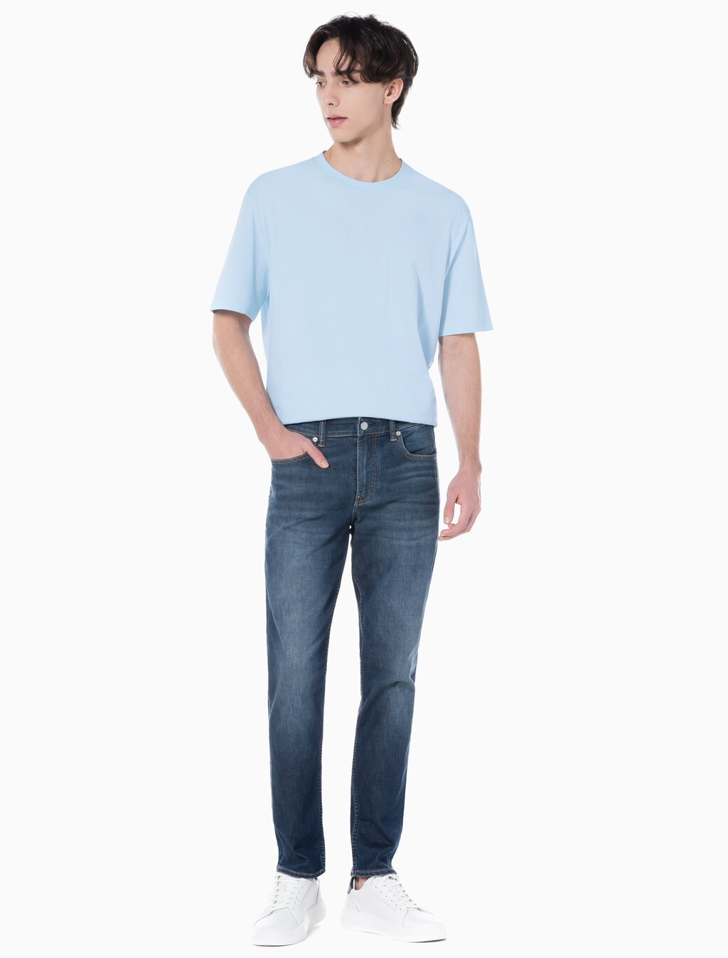 Buy 남성 바디 테이퍼핏 다크블루 37.5 기능성 데님 in color BLUE BLACK HANGER LOOP